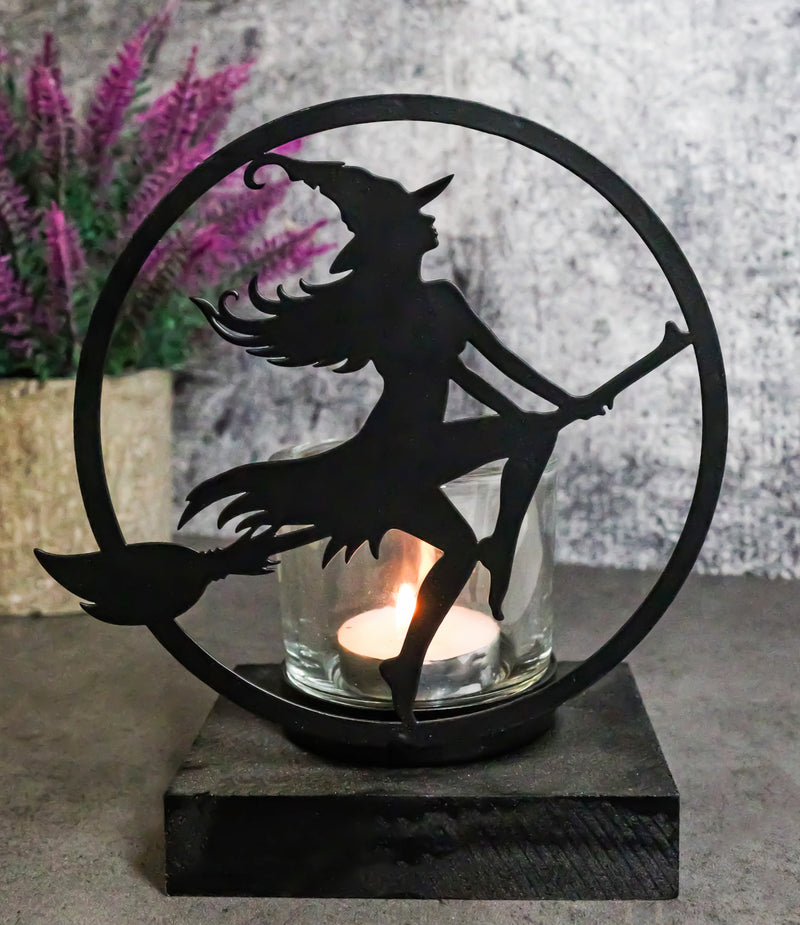 Wicca Grand High Witch Riding On Broomstick Coated Metal Votive Candle Holder