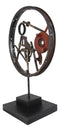 Rustic Grey Metal Industrial Geared Clockwork Steampunk Wheel Sculpture W/ Base