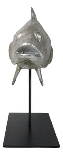 Ocean Marine Silver Tone Serranidae Grouper Fish Sculpture On Metal Pole Stand