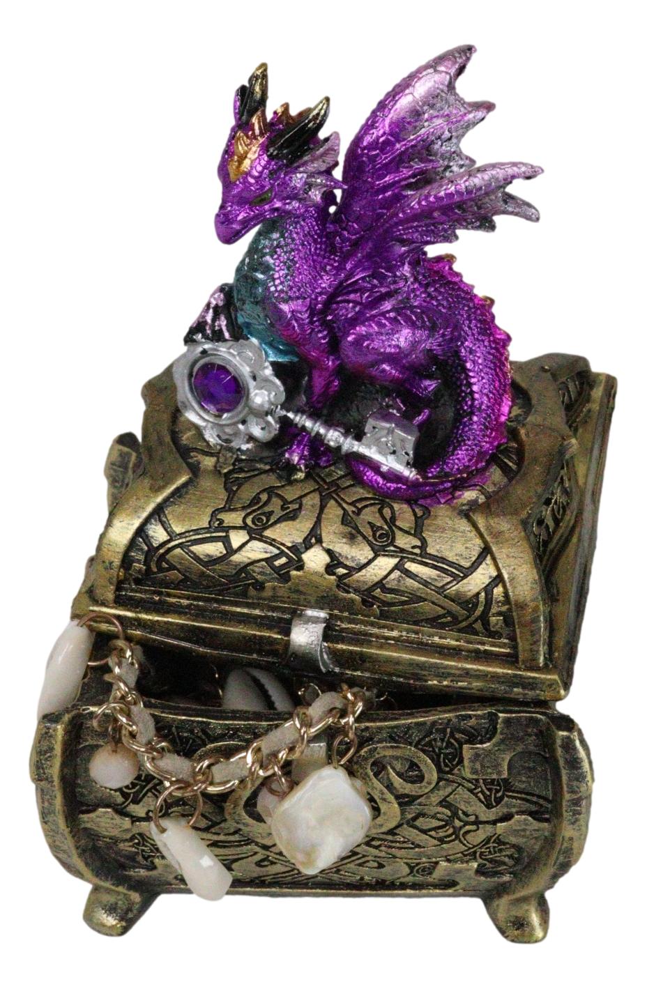 Metallic Purple Twilight Dragon Holding Rune Key On Treasure Chest Trinket Box