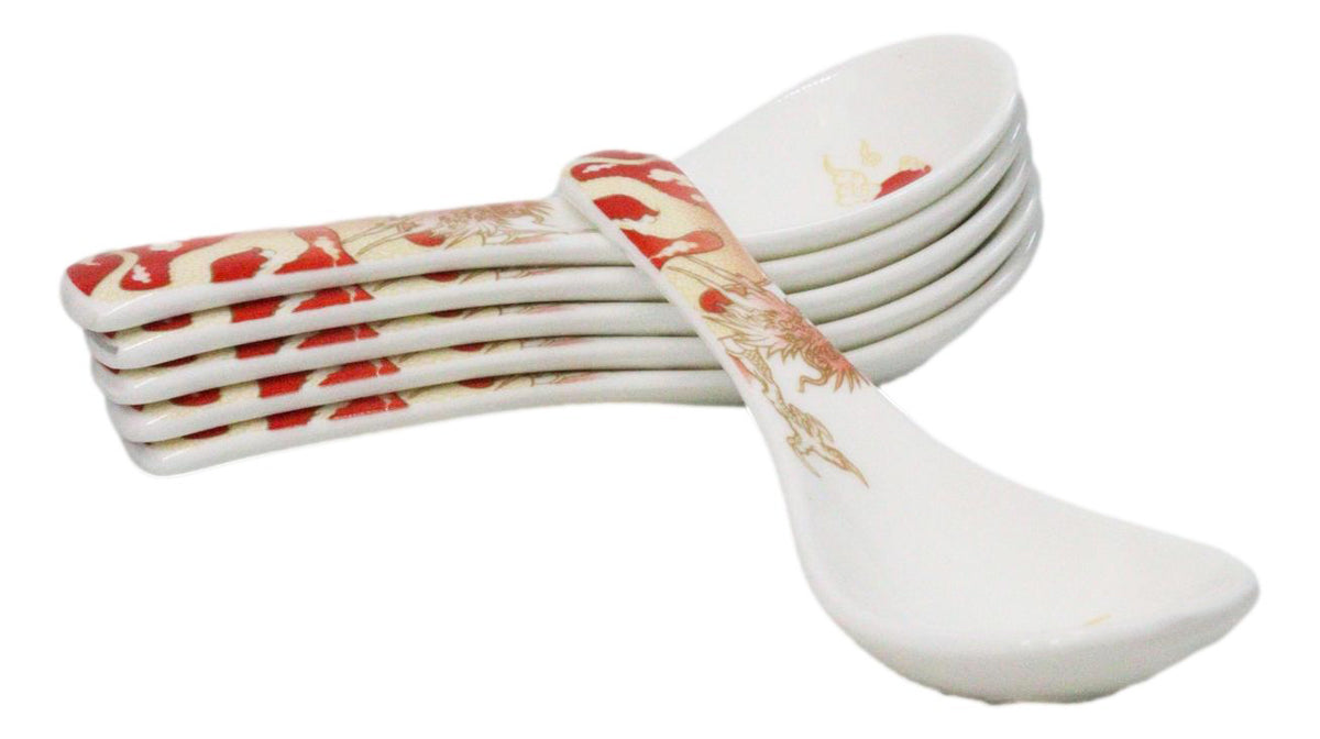 Set of 6 Red Ryu Dragon Porcelain Asian Soup Spoons Japanese Ramen Pho Wonton