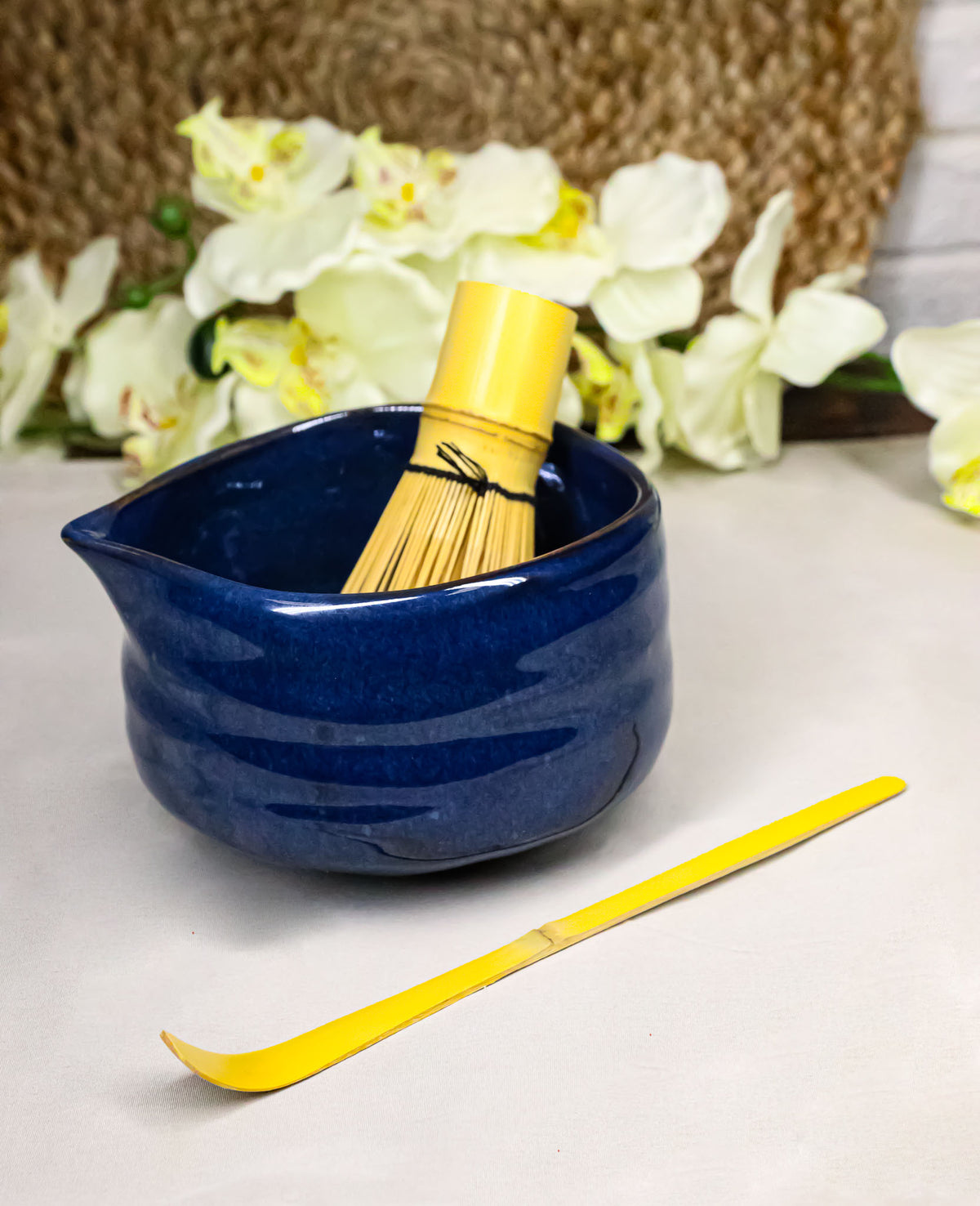 Glossy Navy Blue Ceramic Japanese Matcha Green Tea Bowl Whisk & Scoop Set