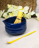 Glossy Navy Blue Ceramic Japanese Matcha Green Tea Bowl Whisk & Scoop Set