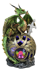 Metallic Green Treasure Dragon Perching On Colorful LED Orb Night Light Figurine