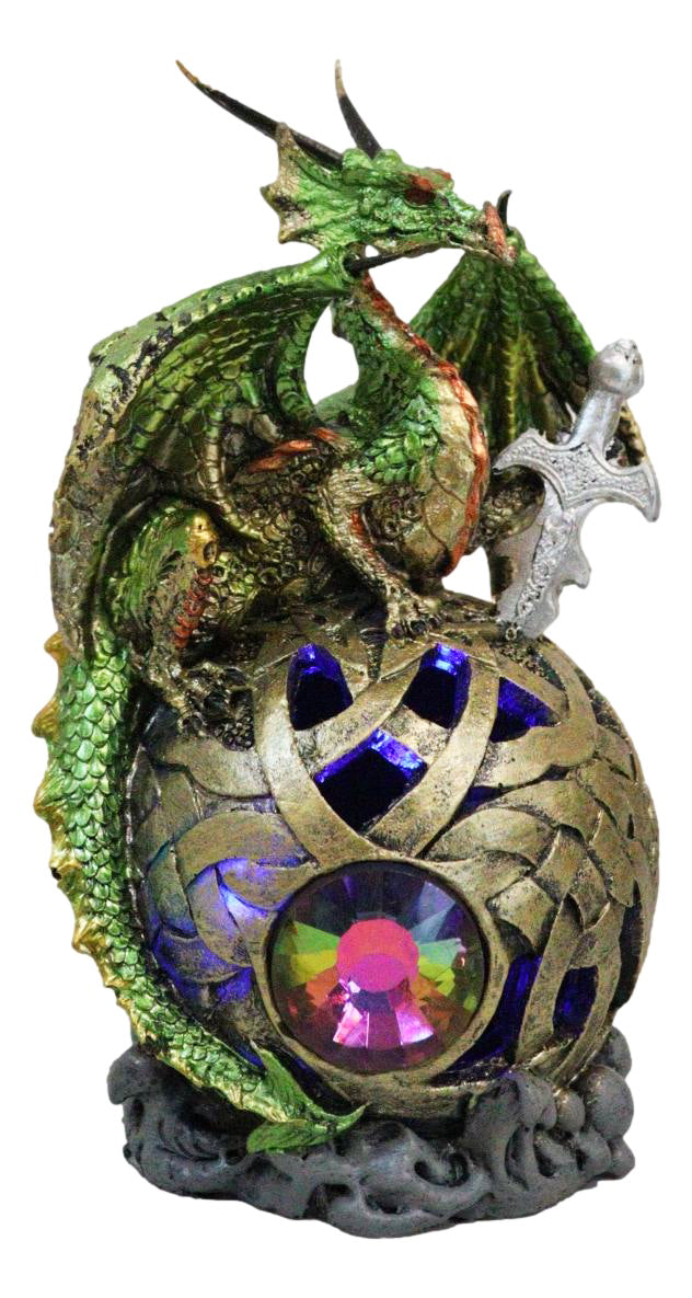 Metallic Green Treasure Dragon Perching On Colorful LED Orb Night Light Figurine