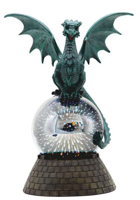 Teal Monarch Dragon Perching On LED Optic Plasma Ball With Battlement Wall Base