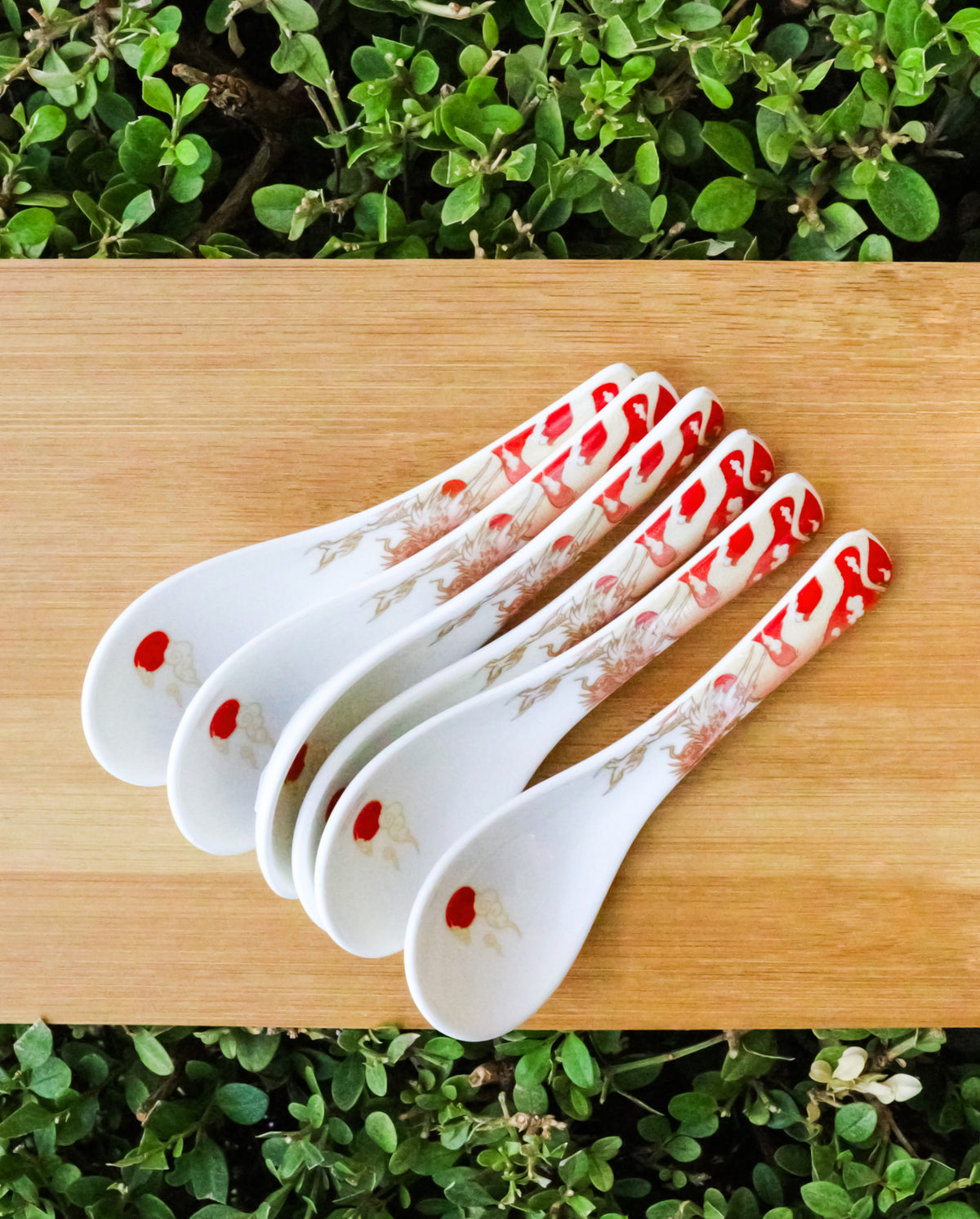 Set of 6 Red Ryu Dragon Porcelain Asian Soup Spoons Japanese Ramen Pho Wonton