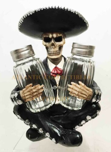 Day Of The Dead Skeleton Mariachi Band Wine And Salt Pepper Shakers Holder Set