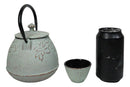 Mint Green Leaves Floral Motif Tetsubin 27oz Cast Iron Tea Pot With 4 Cups Set