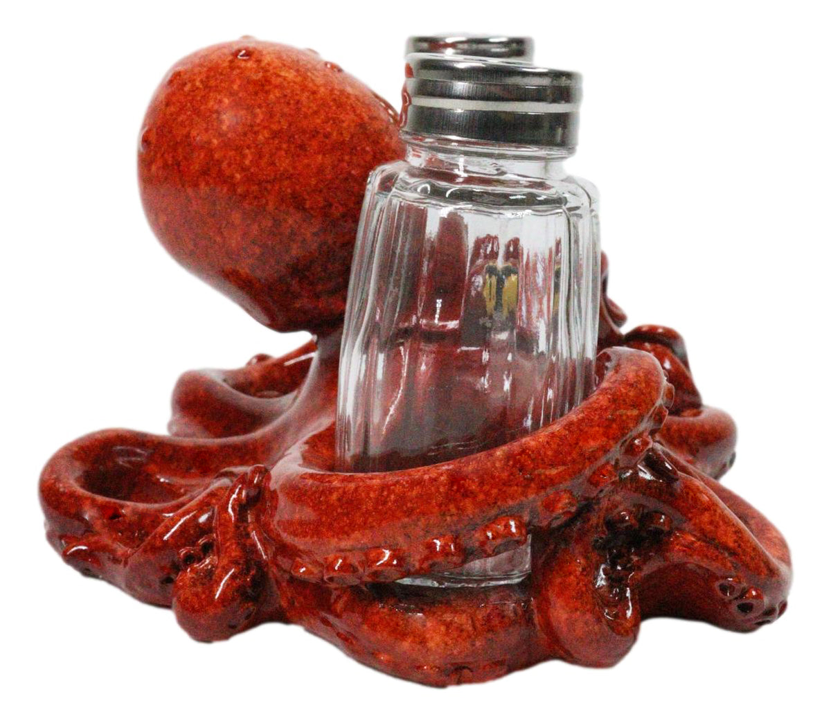 Red Spotted Nautical Marine Cephalopod Octopus Salt Pepper Shakers Holder Set