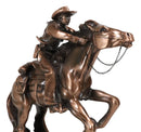 Rustic Western Wild Cowboy Bracing On A Galloping Horse Bronzed Resin Statue