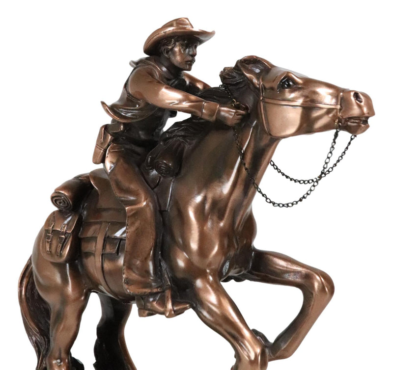 Rustic Western Wild Cowboy Bracing On A Galloping Horse Bronzed Resin Statue