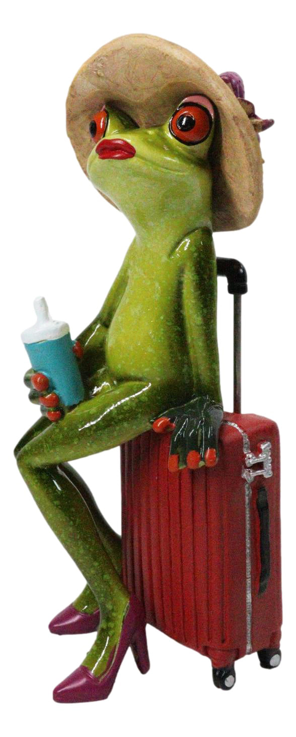 Ebros Frog Lady on Suitcase Beach Hat Red Stilettos Resin Figurine 7.75"