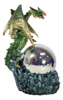 Green And Gold Armored Dragon On Rocky Cliff Edge With LED Optic Ball Figurine