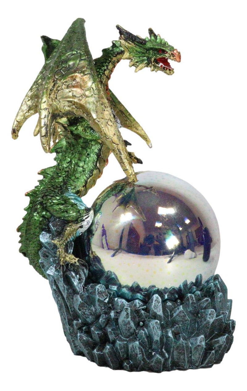 Green And Gold Armored Dragon On Rocky Cliff Edge With LED Optic Ball Figurine