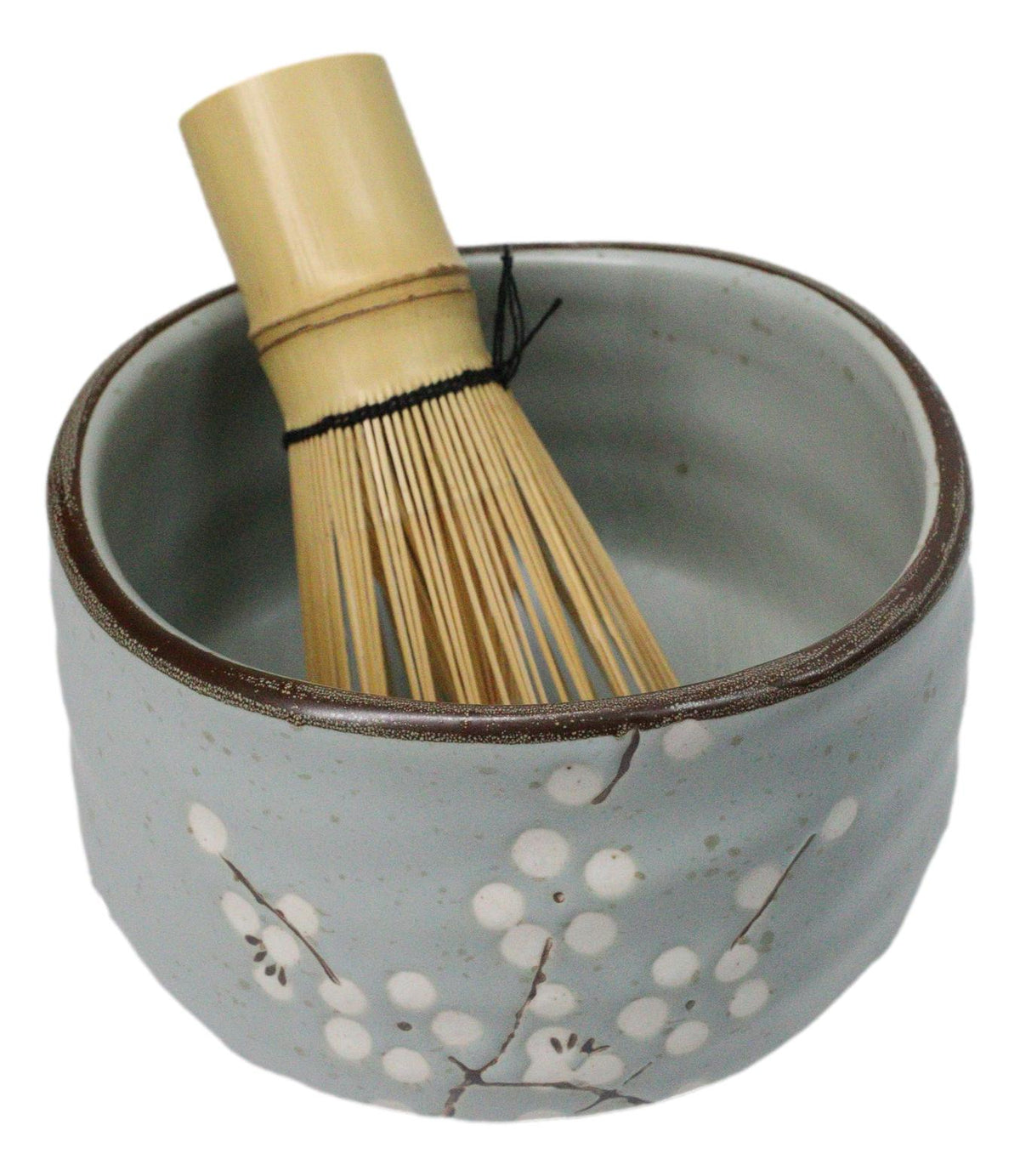 Plum Blue Sakura Blooms Ceramic Japanese Matcha Green Tea Bowl Whisk & Scoop Set