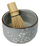 Plum Blue Sakura Blooms Ceramic Japanese Matcha Green Tea Bowl Whisk & Scoop Set