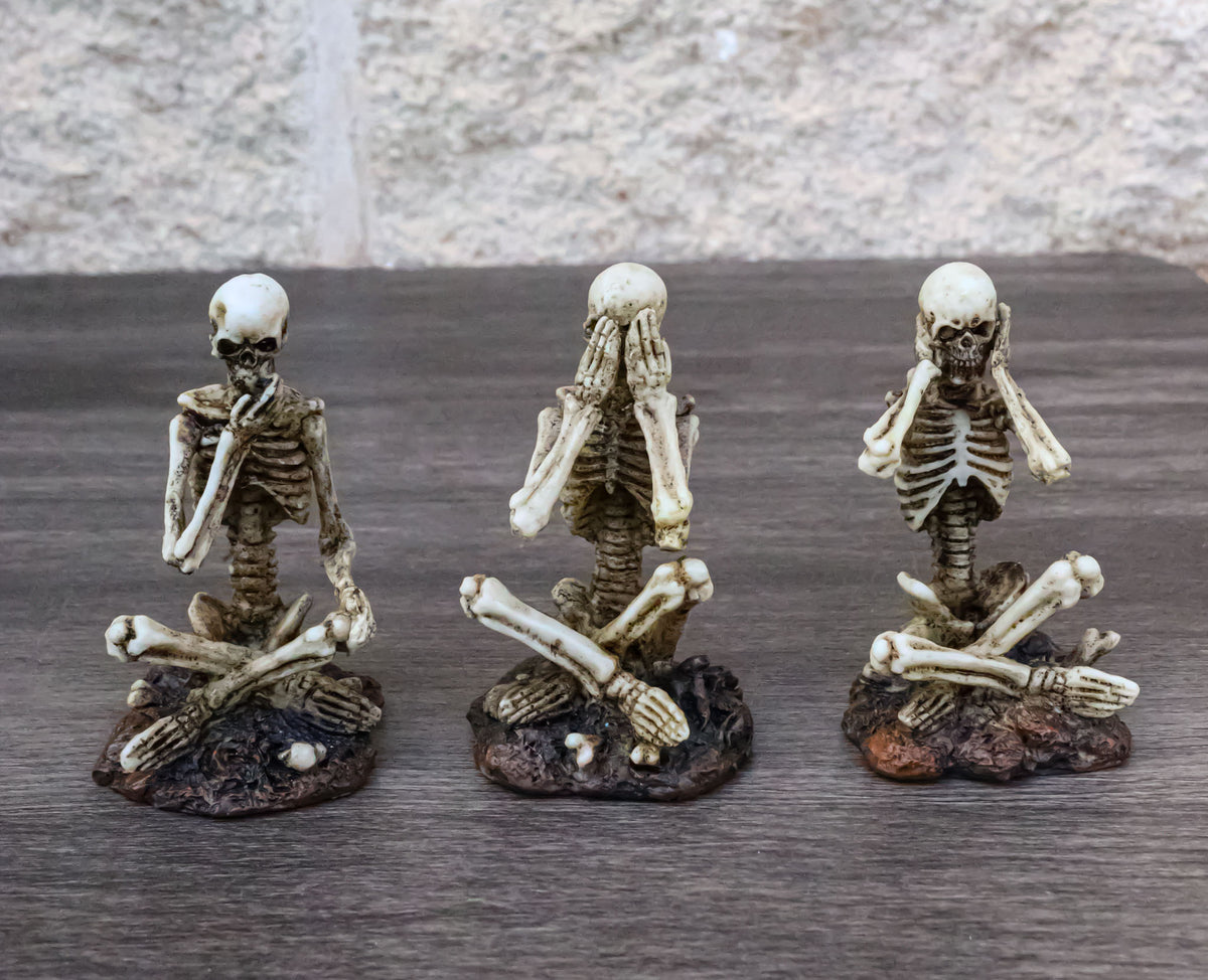 See Hear Speak No Evil Skeleton Figurines Set of 3 Wise Skeletons in Seated Pose