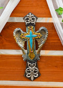 Rustic Tuscany Fleur De Lis Silver Scroll Angel Wings Turquoise Stone Wall Cross