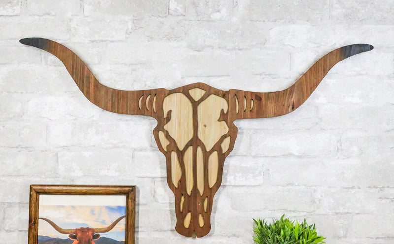 Rustic Western MDF Wood Longhorn Cow Skull Cutout Wall Decor Plaque 29.25"L