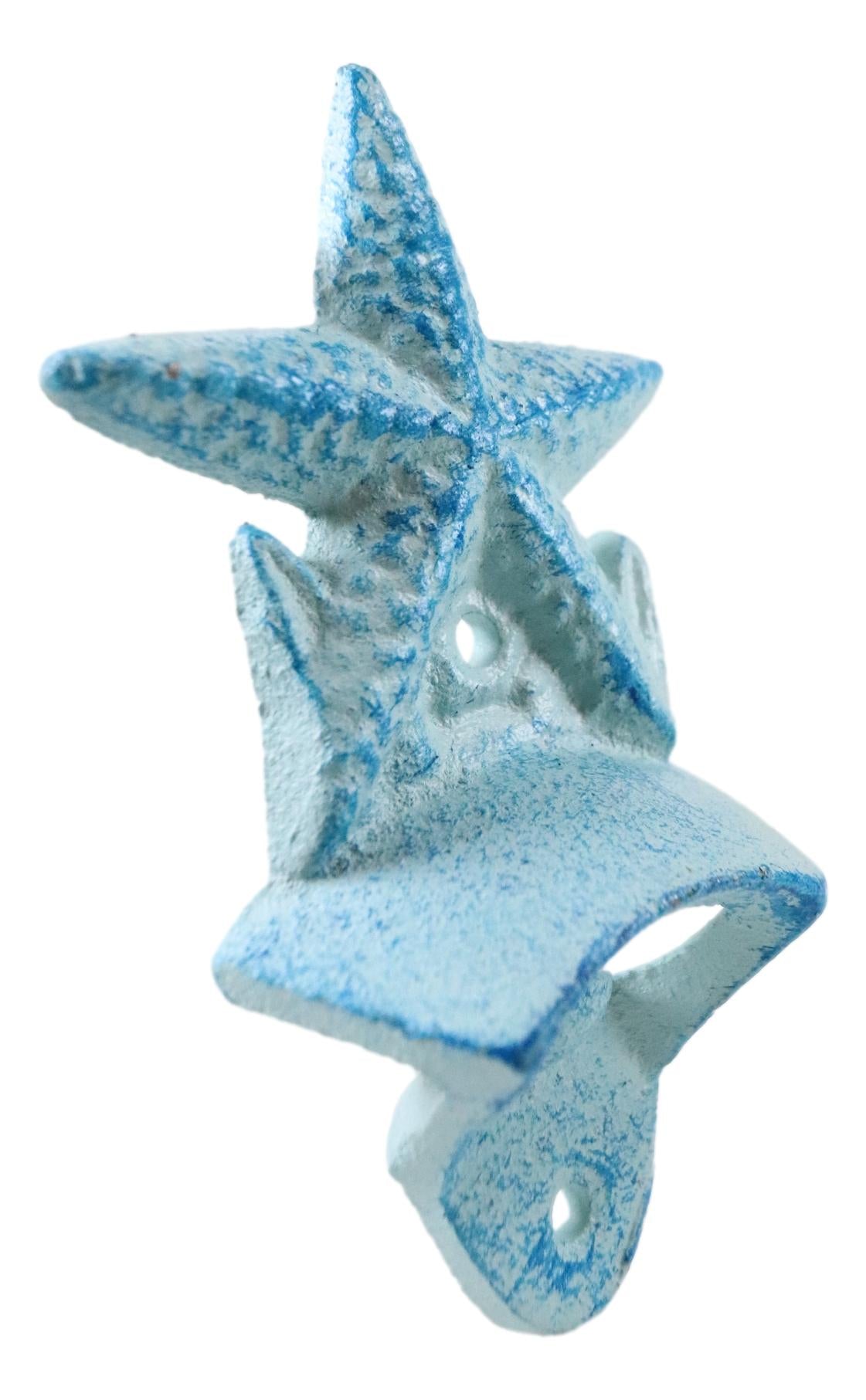 Set Of 2 Cast Iron Rustic Beach Blue Marine Sea Star Starfish Wall Bottle Opener