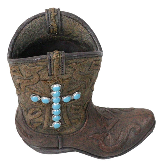 Rustic Western Turquoise Rocks Cross Faux Leather Cowgirl Boot Vase Figurine