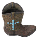 Rustic Western Turquoise Rocks Cross Faux Leather Cowgirl Boot Vase Figurine