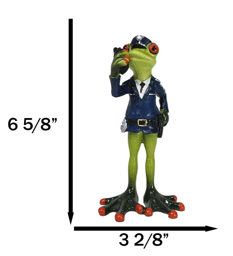 Toad In Blue Police Officer Green Frog Holding Radio Reporting For Duty Figurine
