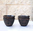 Rustic Bronze Dragon Etching Japanese Tetsubin Style Cast Iron Tea Cups Set of 4