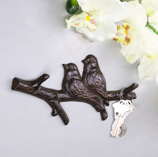 Set of 2 Cast Iron Rustic 2 Lovebirds Perching On Branch 2-Pegs Wall Hooks