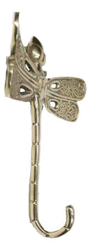 Set Of 2 Polished Brass Dragonfly With Scrollwork Filigree Wings Wall Hooks