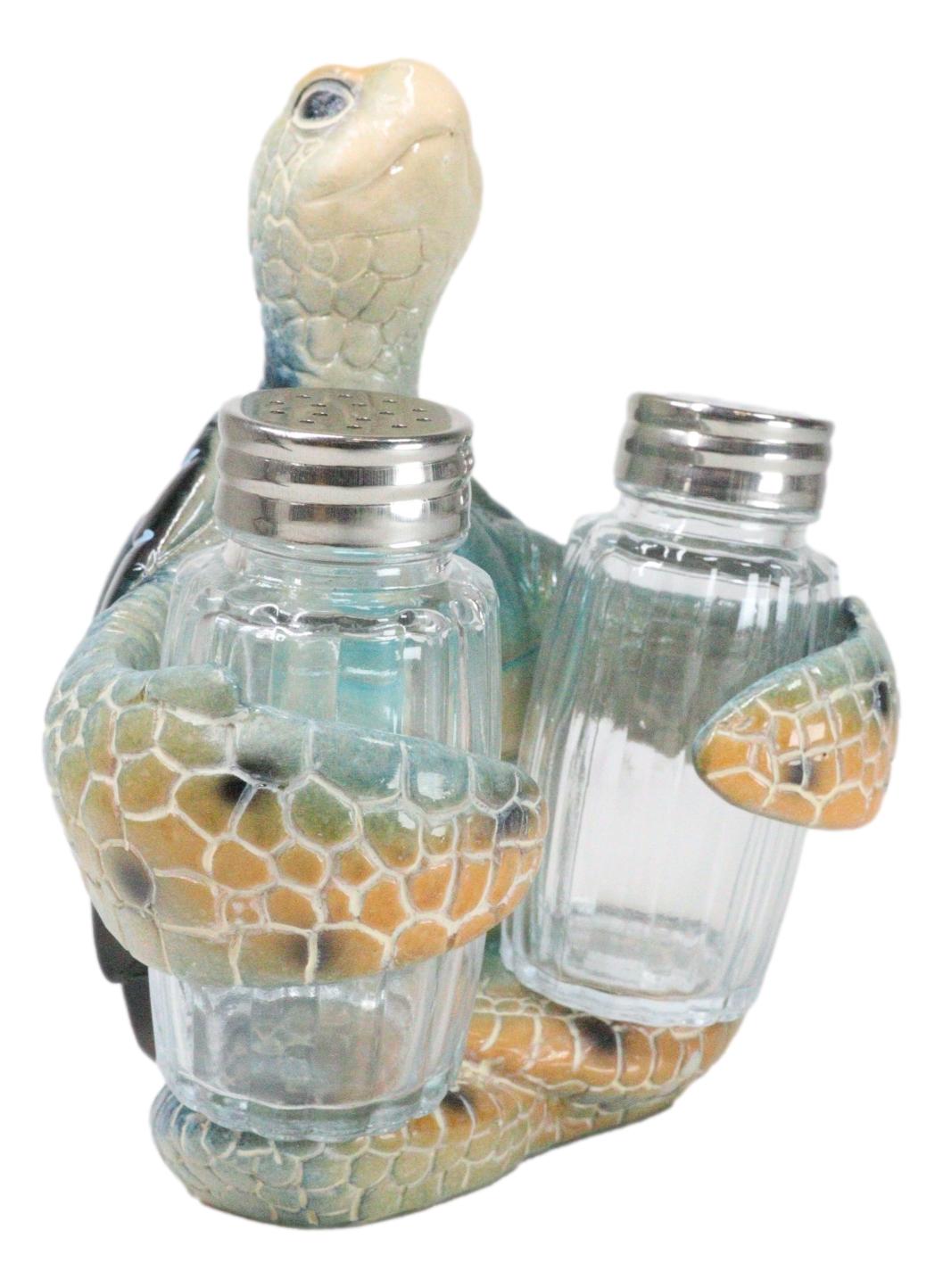 Nautical Marine Blue Giant Sea Turtle Hugging Salt And Pepper Shakers Holder Set - Ebros Gift