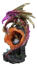 Pink Gold Dragon On Faux Crystal Orange Rock Geode With Hatchling Egg Figurine