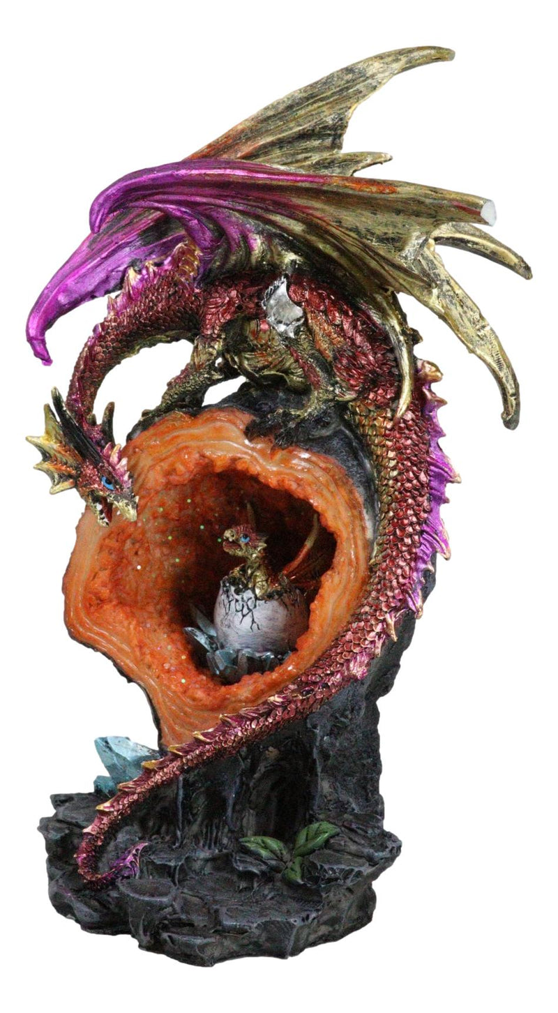 Pink Gold Dragon On Faux Crystal Orange Rock Geode With Hatchling Egg Figurine