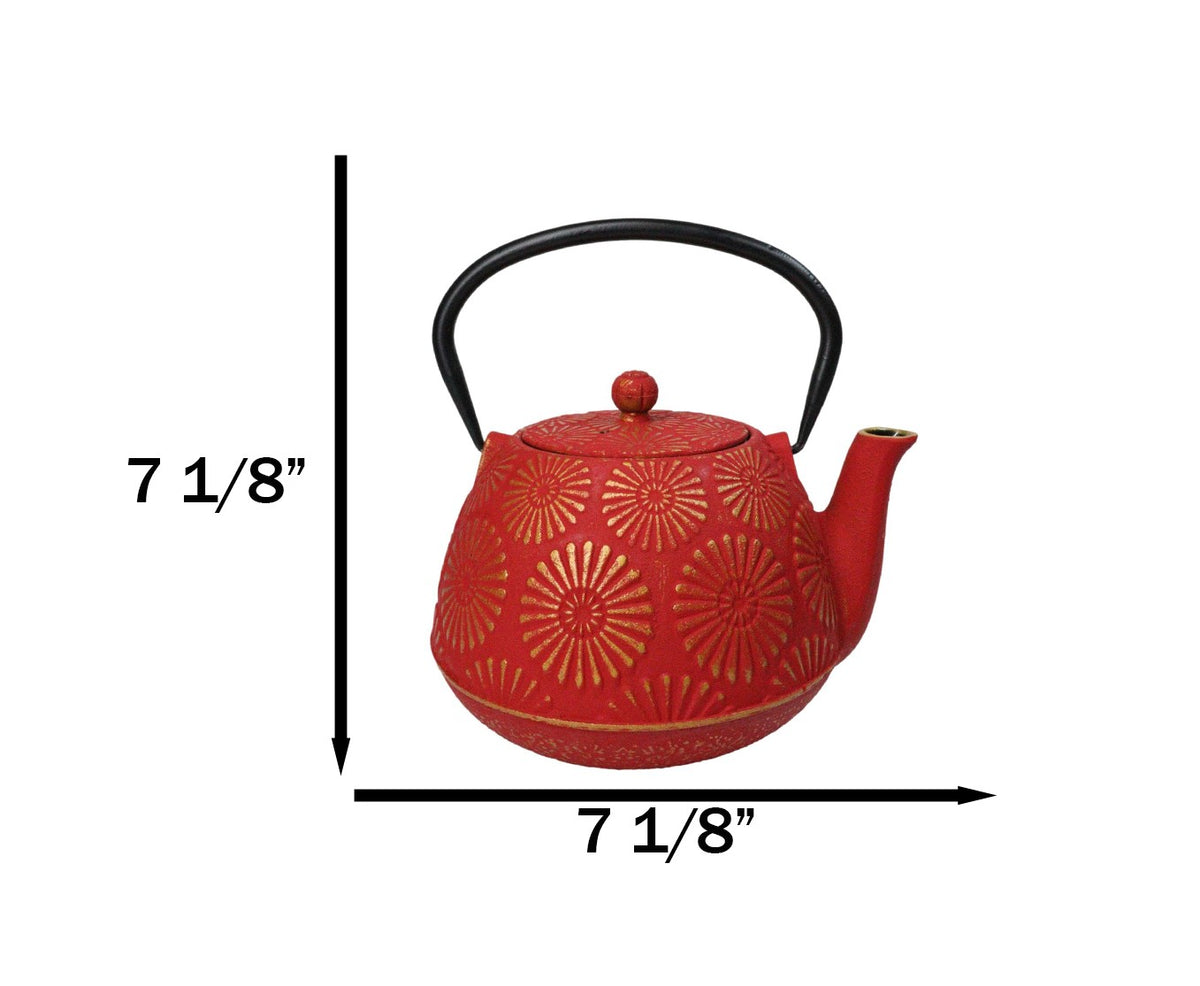 Red Gold Kiku Chrysanthemum Floral Design Large Cast Iron Tetsubin Teapot 40oz