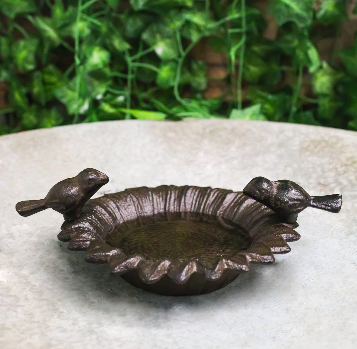 Small Rustic Cast Iron Lovebirds Perching On Sunflower Garden Bird Feeder Bath