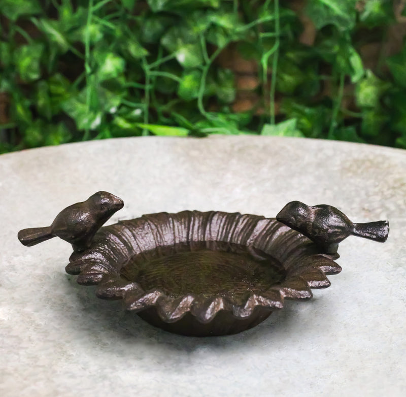 Small Rustic Cast Iron Lovebirds Perching On Sunflower Garden Bird Feeder Bath
