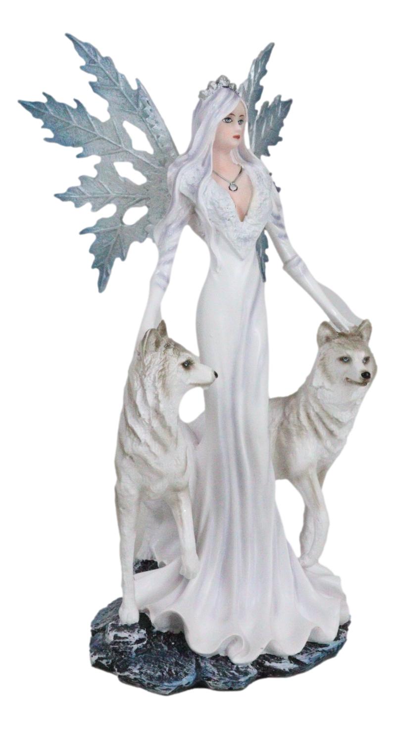 Crowned Fairy Queen in Snow White Gown Accompanied by Arctic Wolves Figurine