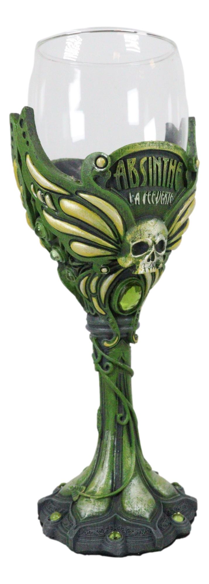 Bohemian Absinthe La Fee Verte Skull With Green Gem And Vine Stem Wine Goblet