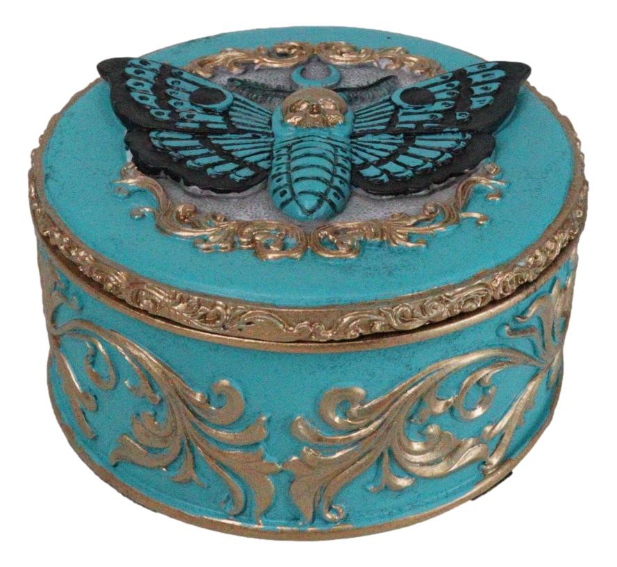 Turquoise And Gold Scrollwork Death Moth Skull Decorative Trinket Jewelry Box