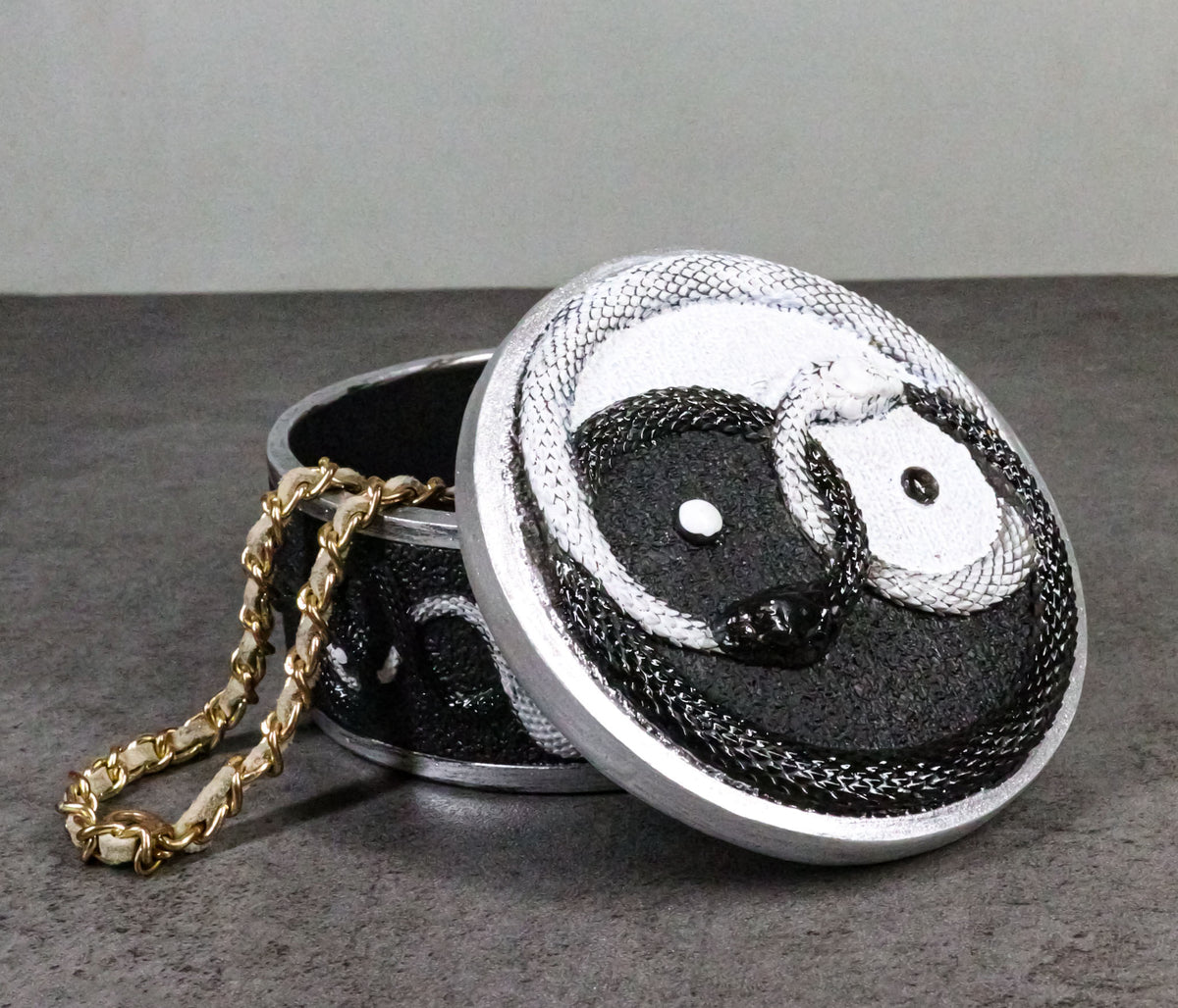 Spiritual Harmony Black And White Coiled Yin Yang Snake Small Trinket Box 4"D