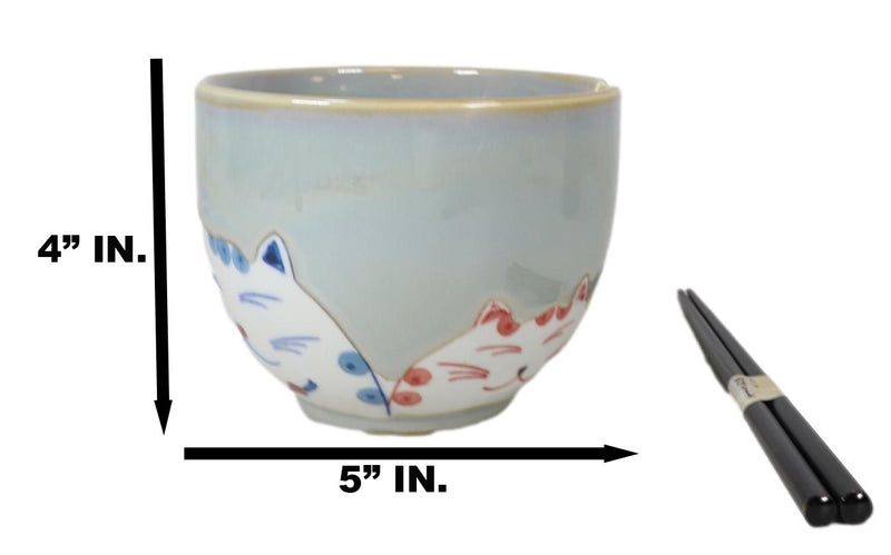 Twin Lucky Cats Japanese Maneki Neko Ceramic Ramen Soup Bowl With Chopsticks Set