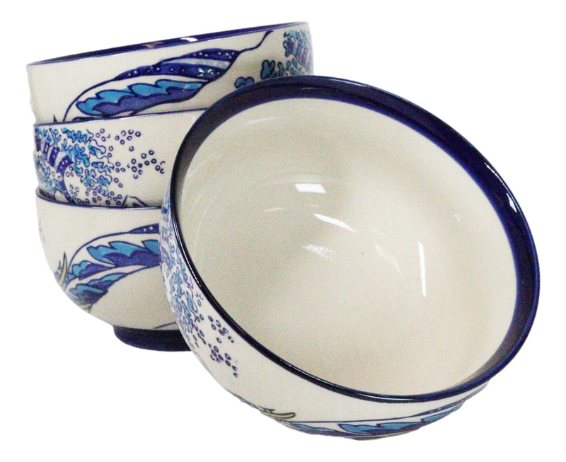 Pack Of 4 Blue Japanese Hokusai Great Wave Ceramic Soup Rice Salad Bowls 22oz