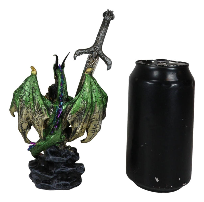 Green Druid Dragon With Celtic High Cross & Gothic Sword Letter Opener Figurine