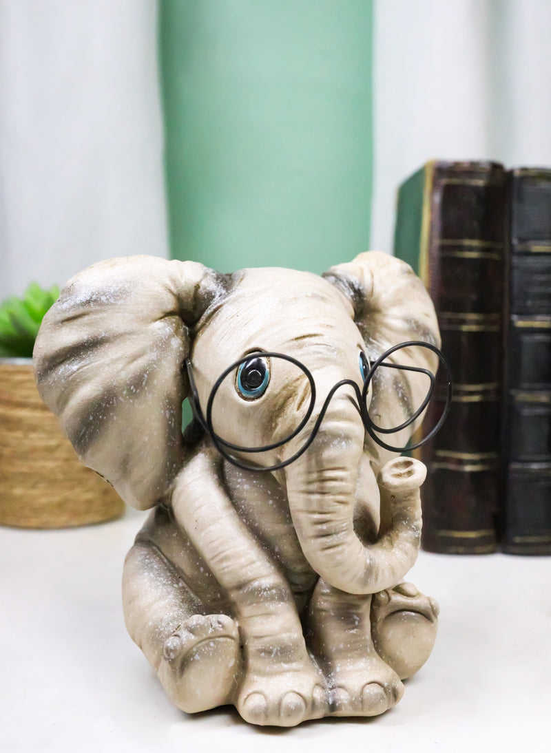 Safari African Savanna Whimsical Elephant Young Calf Wearing Glasses Figurine