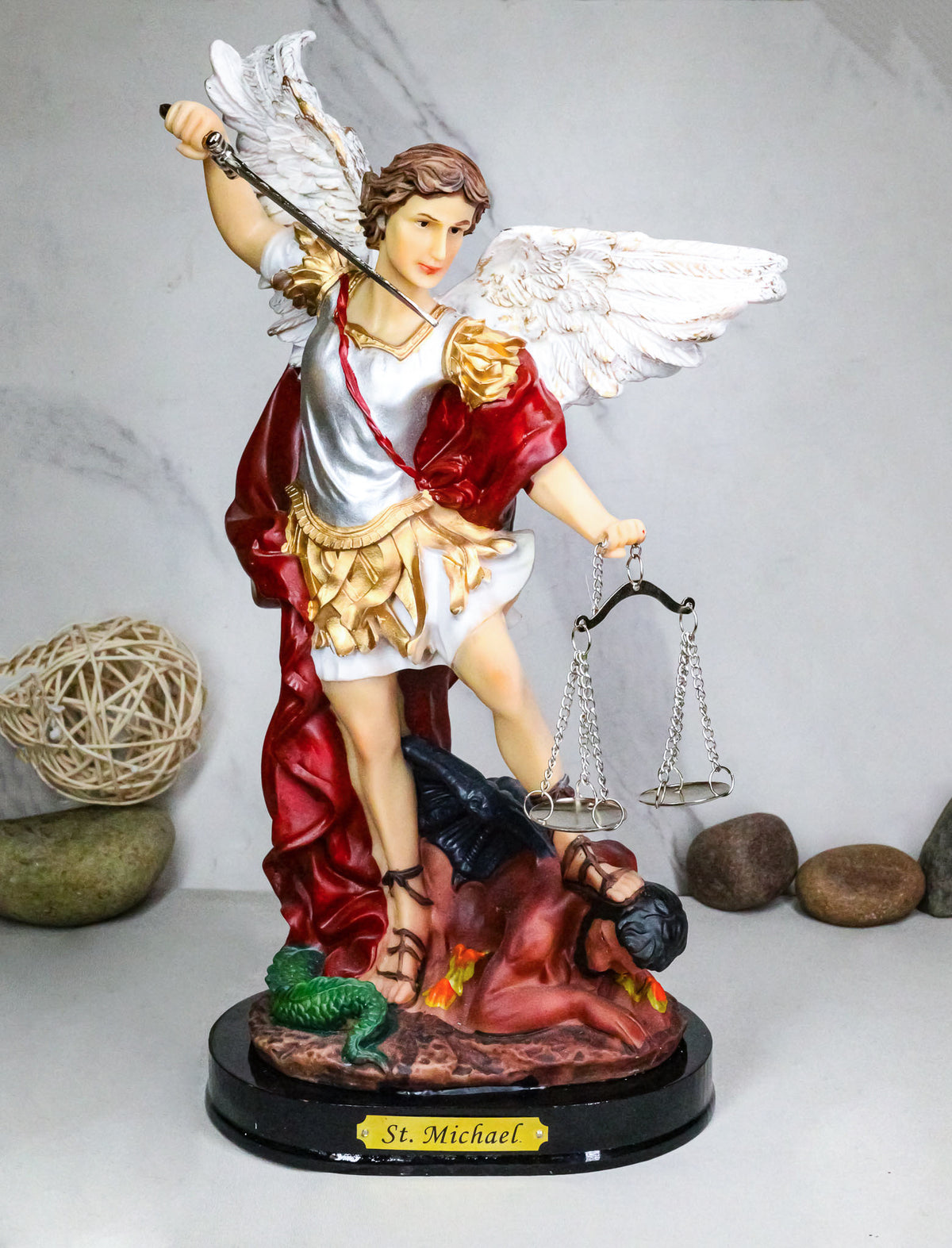 Archangel Saint Michael Trampling Satan With Sword and Scales of Justice Statue