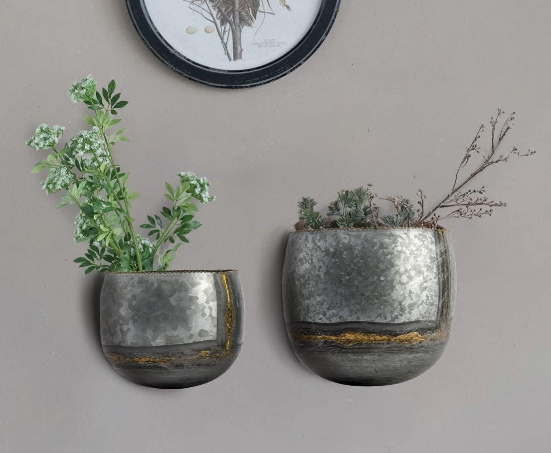 Farmhouse Rustic Galvanized Metal Silver with Gold Accent Wall Planters Set of 2