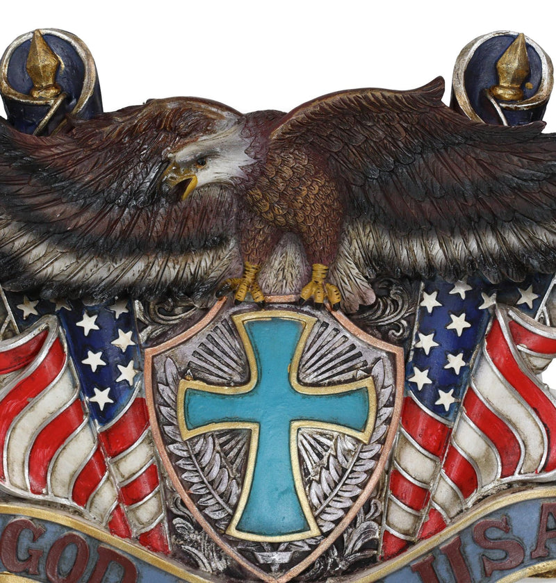 Patriotic Flags Bald Eagle On Cross Crest God Bless USA Wall Plaque Sculpture
