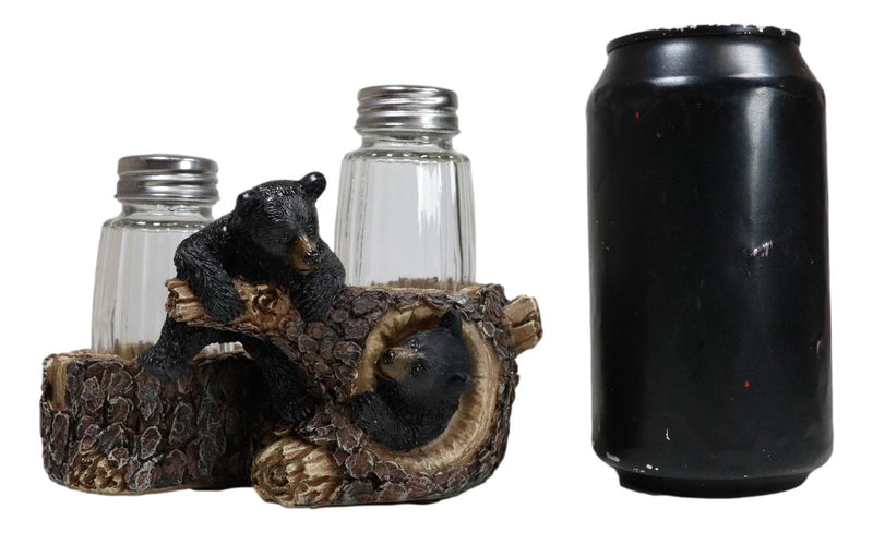 Rustic Forest 2 Black Bear Cubs Playing By Tree Logs Salt Pepper Shakers Holder