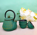 Chrysanthemum Green Gold Petite Cast Iron Teapot 10oz With 4 Mini Tea Cups Set